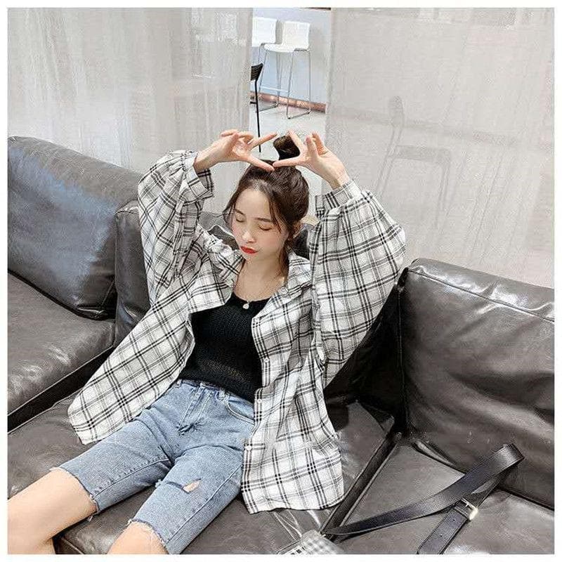 jpyuyuco-Plaid Shirt with Balloon Sleeves