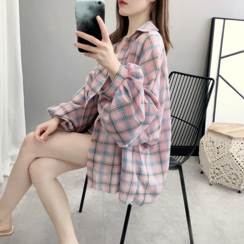 jpyuyuco-Plaid Shirt with Balloon Sleeves