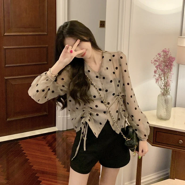 jpyuyuco-Polka Dot Blouse With Drawstrings