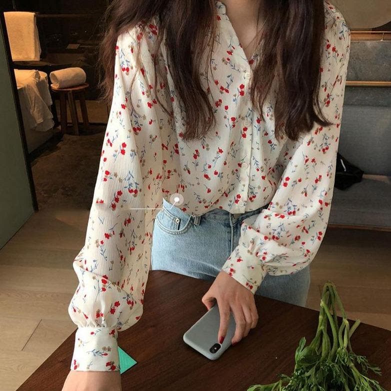 jpyuyuco-Button-Down Blouse With Floral Print