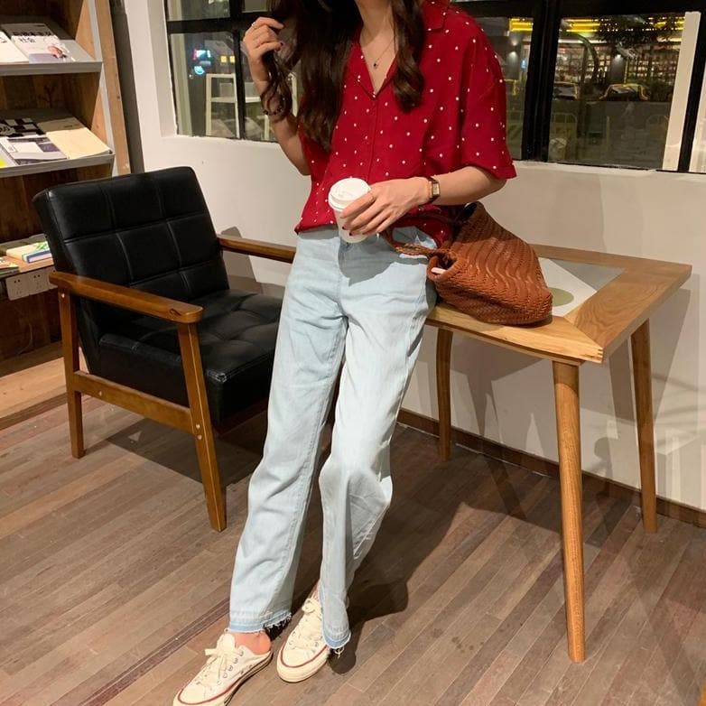 jpyuyuco-Button-Down Shirt With Polka Dots And Turn-Down Collar