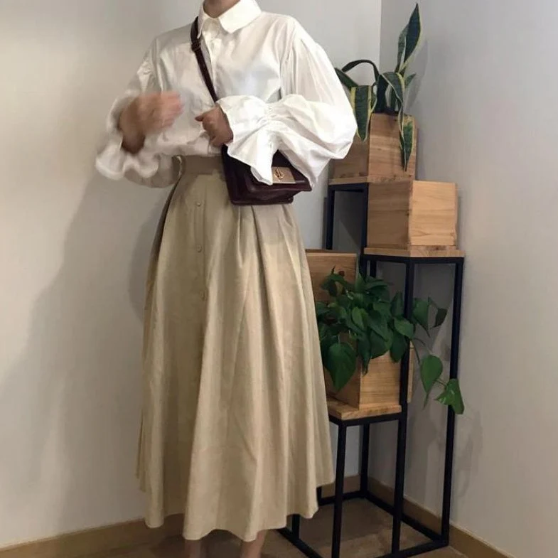 jpyuyuco-Button-Down Blouse With Flared Sleeves And Turn-Down Collar