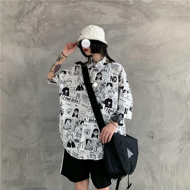 jpyuyuco-Collared Shirt With Comic Print