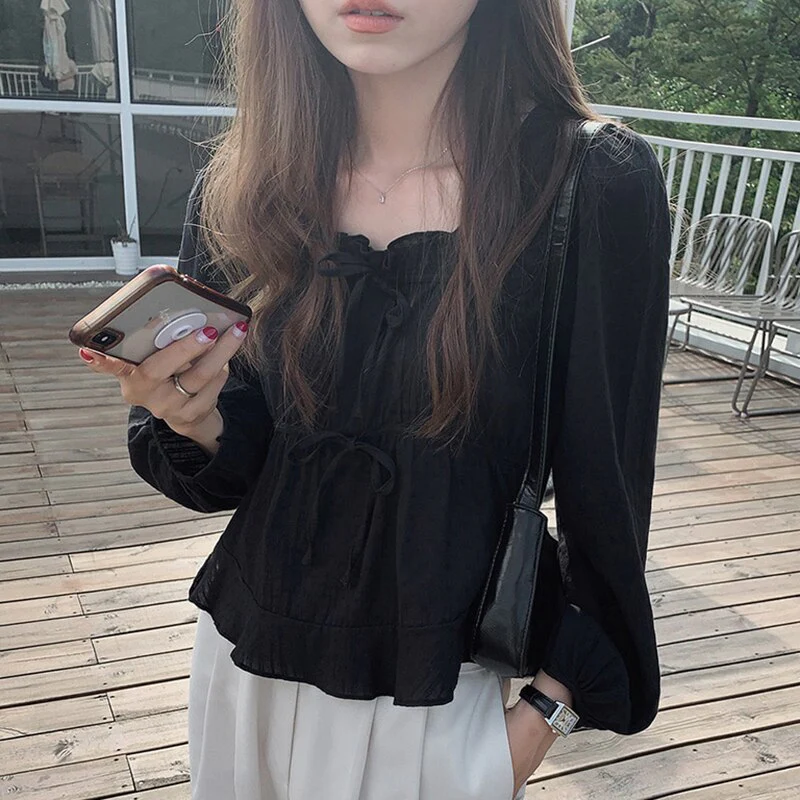 jpyuyuco-Linen-Cotton-Blend Ruffled Top with Ribbon Details