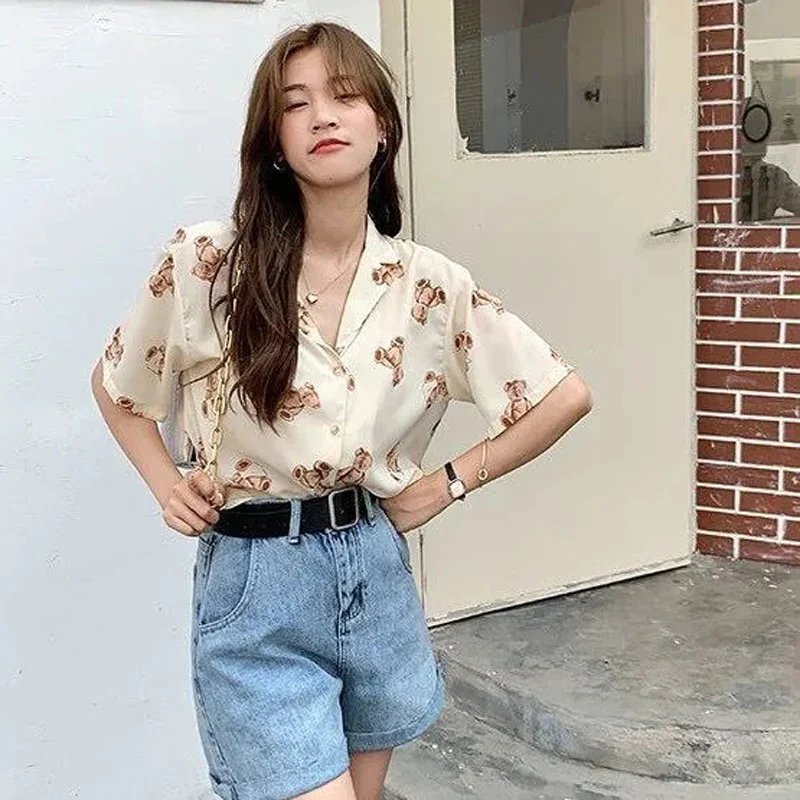 jpyuyuco-Chiffon Blouse With Teddy Bear Print