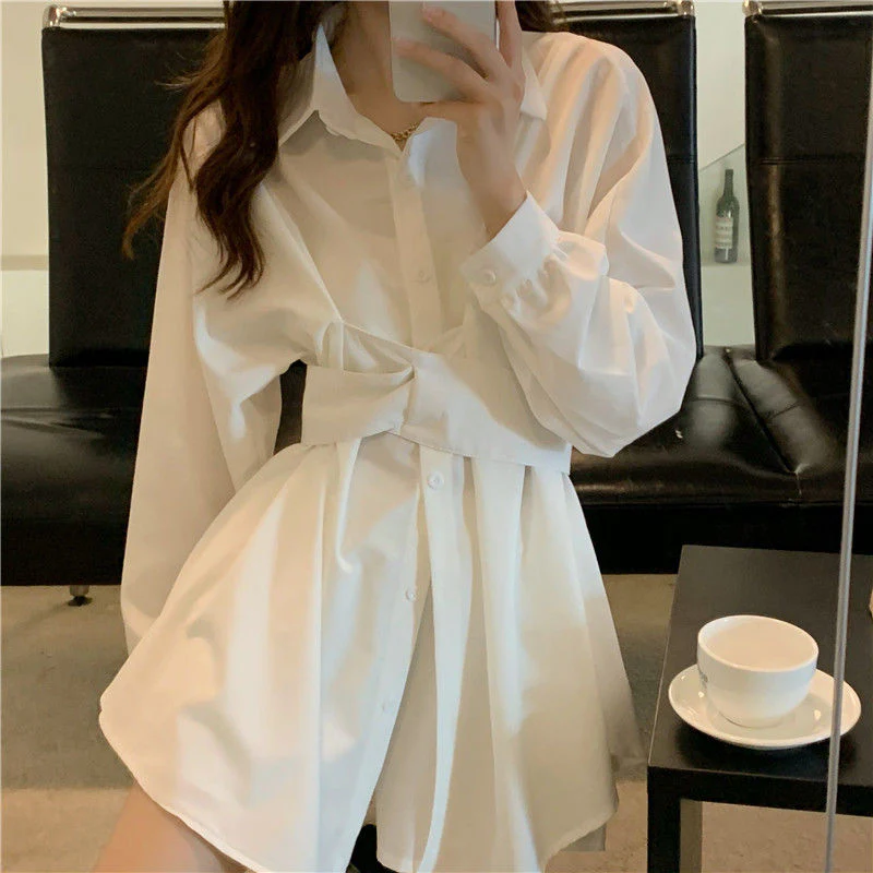 jpyuyuco-Buttoned Long Blouse/Dress with Belt Detail