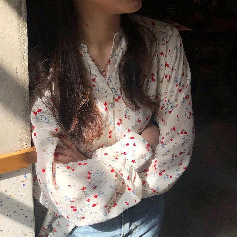 jpyuyuco-Button-Down Blouse With Floral Print