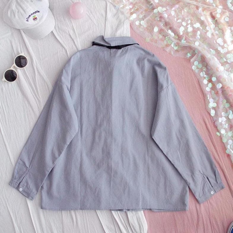 jpyuyuco-Buttoned Shirt With Bear Print And Plaid Tie