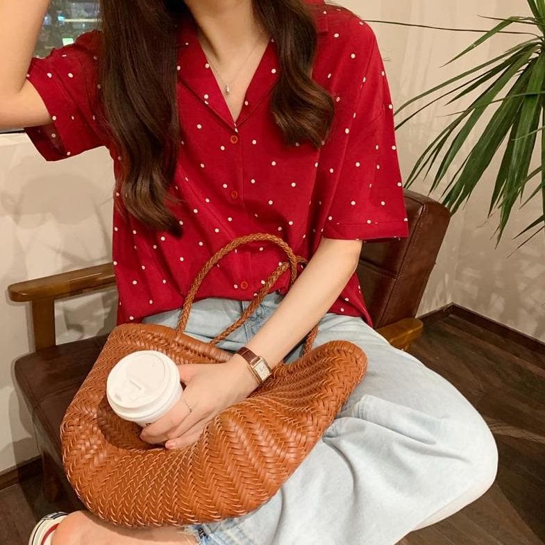 jpyuyuco-Button-Down Shirt With Polka Dots And Turn-Down Collar