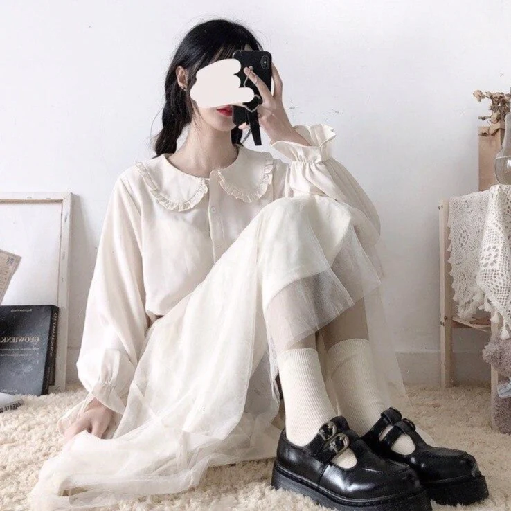 jpyuyuco-Button-Down Blouse With Lantern Sleeves And Frill Accents