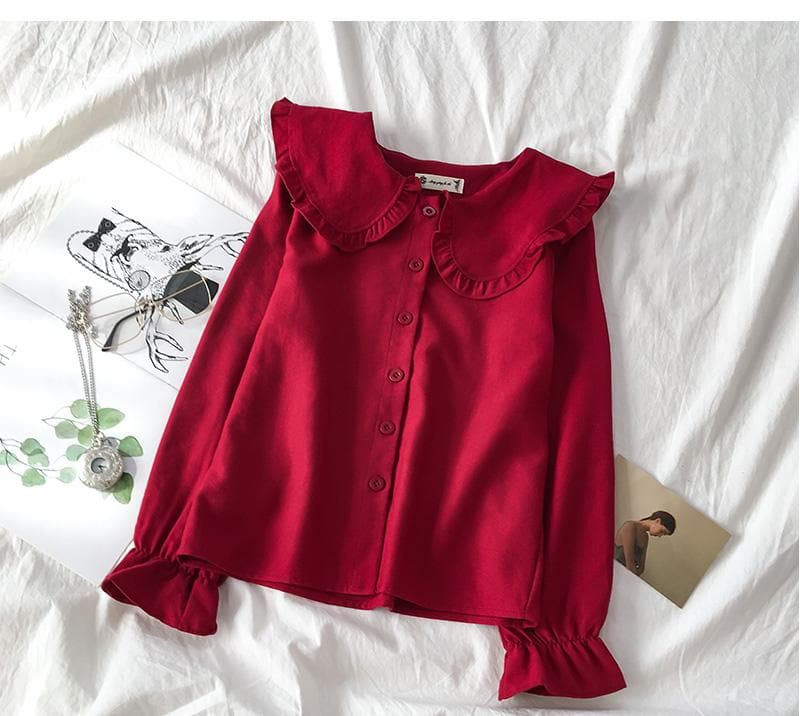 jpyuyuco-Collared Longsleeve Blouse