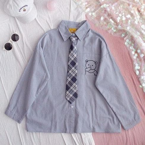 jpyuyuco-Buttoned Shirt With Bear Print And Plaid Tie