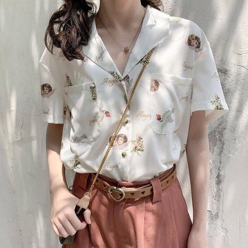 jpyuyuco-Collared Blouse with Short Sleeves and Angel Print