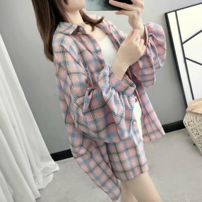 jpyuyuco-Plaid Shirt with Balloon Sleeves