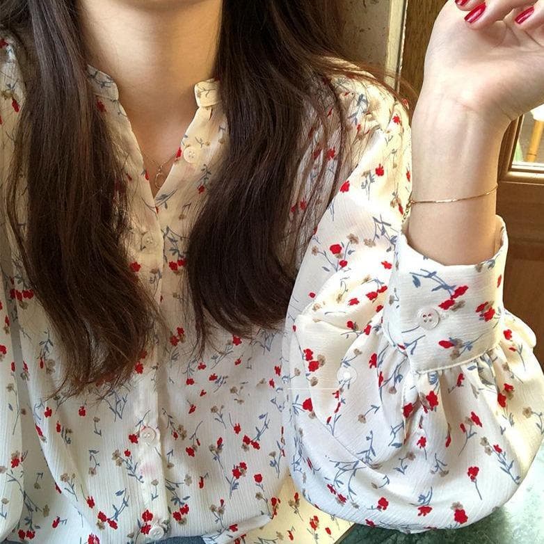 jpyuyuco-Button-Down Blouse With Floral Print
