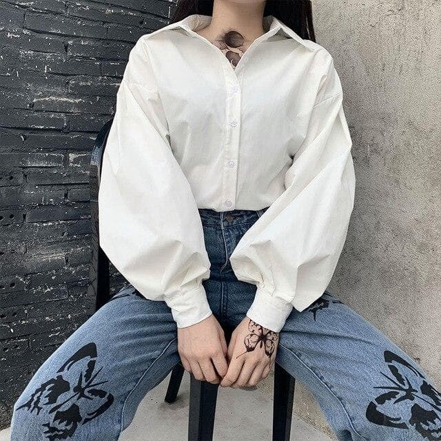 jpyuyuco-Button-Down Blouse With Puff Sleeves