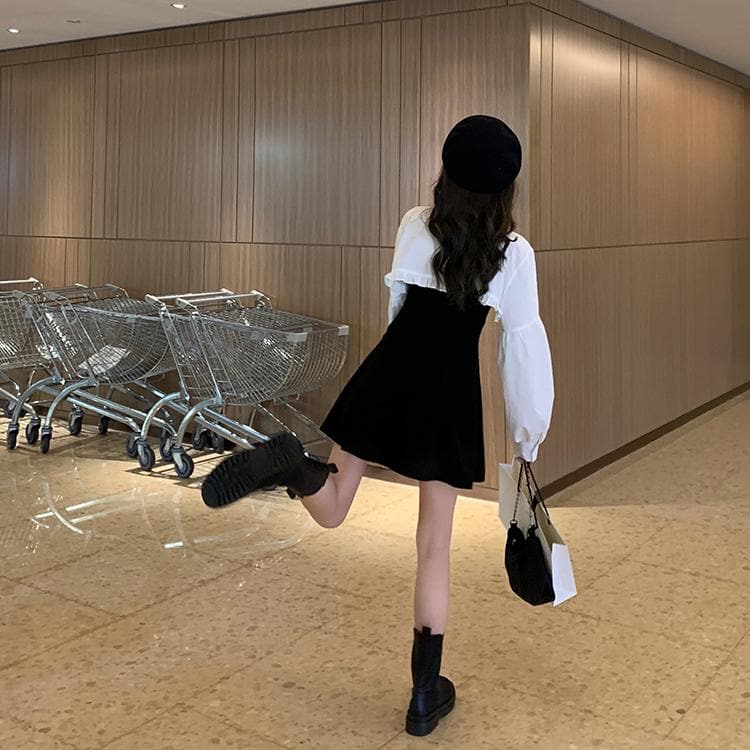 jpyuyuco-2-in-1 Mini Dress + Collared Shirt with Lantern Sleeves