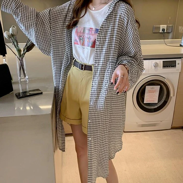 jpyuyuco-Long Button-Down Blouse With Plaid Pattern (S-4XL!)