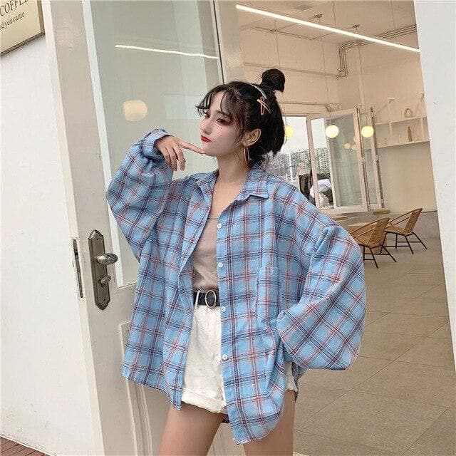jpyuyuco-Plaid Shirt with Balloon Sleeves