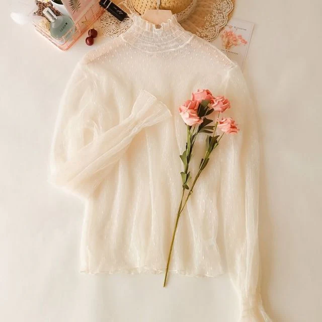 jpyuyuco-Transparent Blouse With Polka Dots And Flared Sleeves