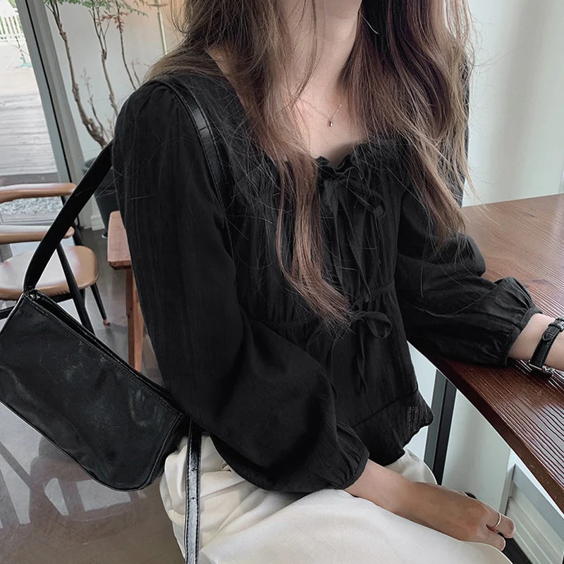 jpyuyuco-Linen-Cotton-Blend Ruffled Top with Ribbon Details