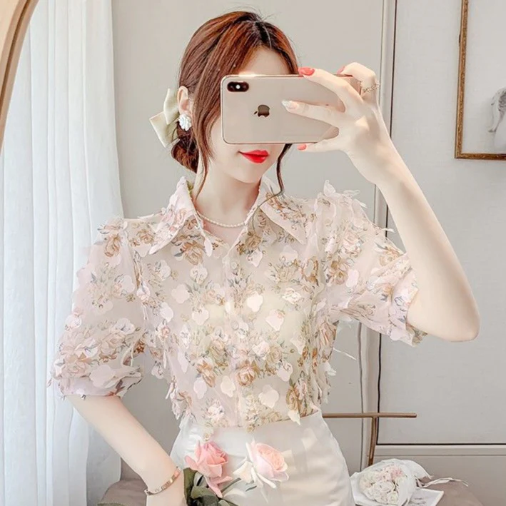 jpyuyuco-Floral Blouse With Three-Dimensional Decoration