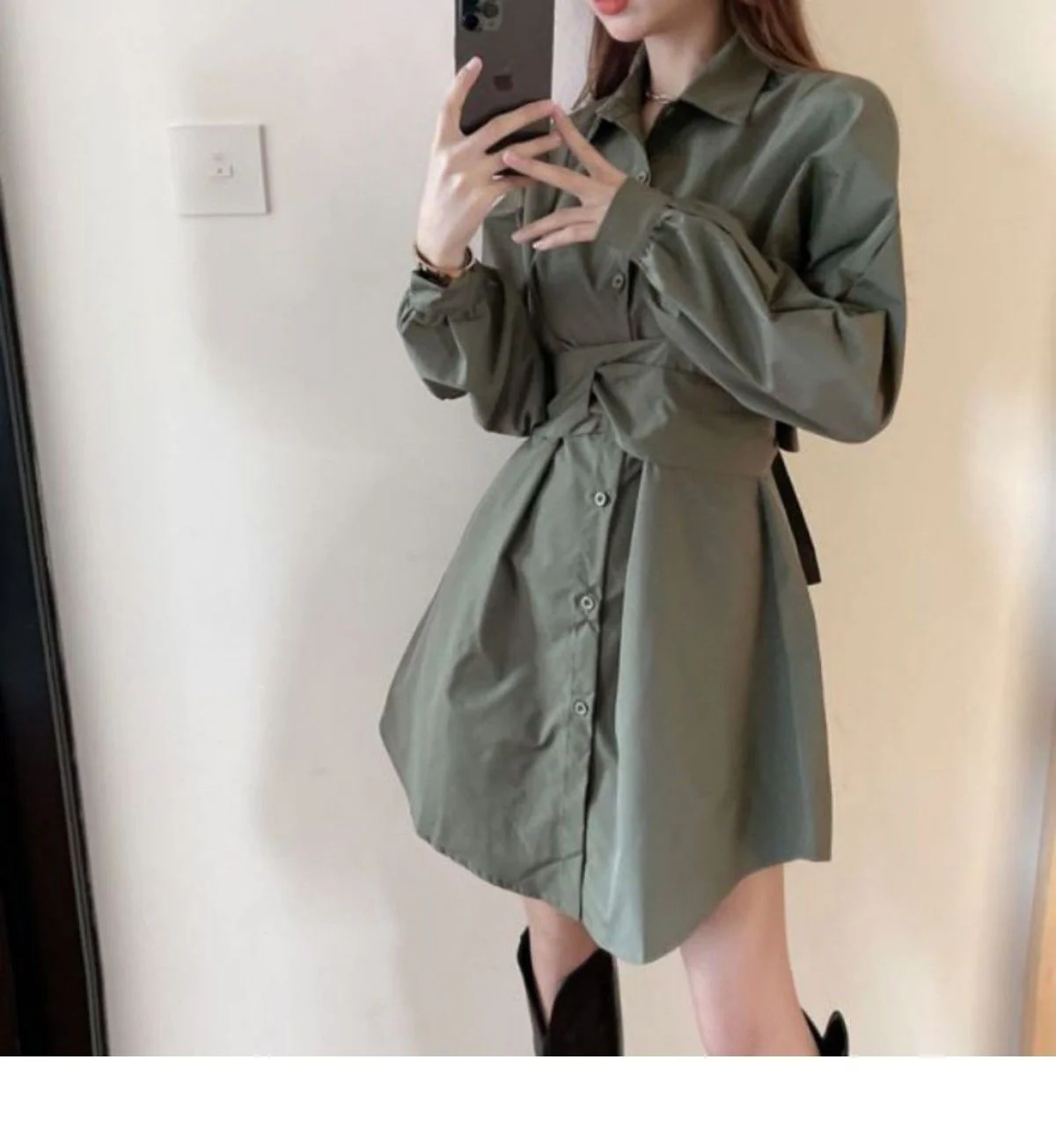 jpyuyuco-Buttoned Long Blouse/Dress with Belt Detail