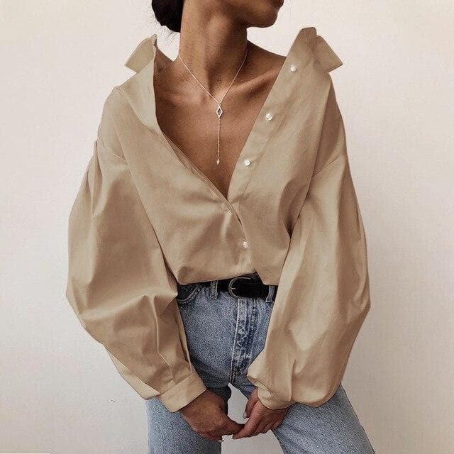 jpyuyuco-Button-Down Blouse With Puff Sleeves