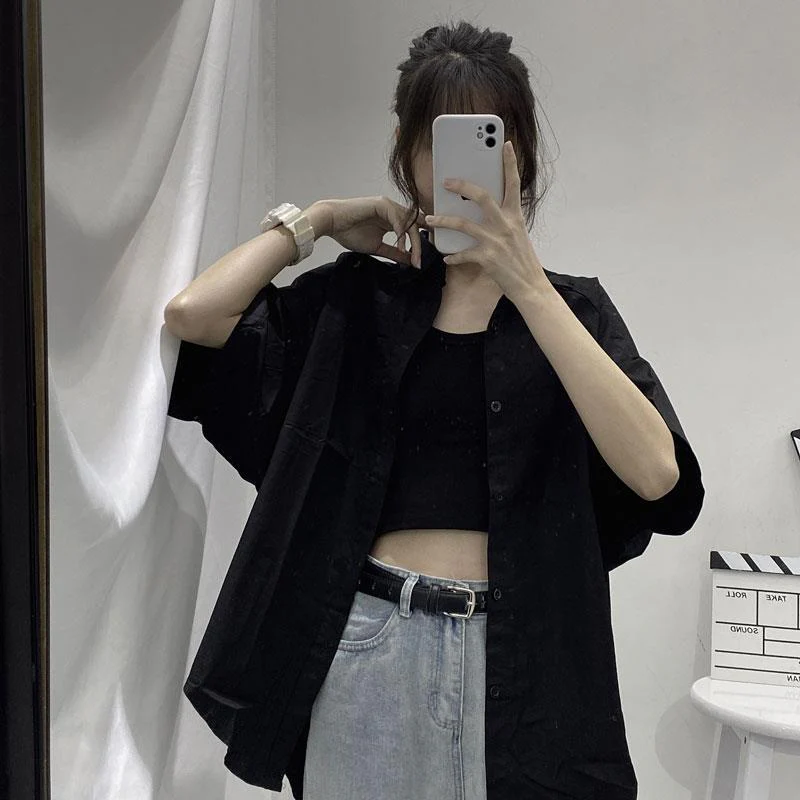 jpyuyuco-Oversized Button-Down Shirt With Wide Half Sleeves