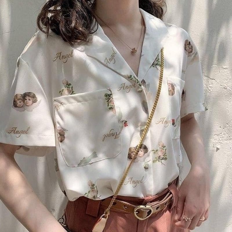 jpyuyuco-Collared Blouse with Short Sleeves and Angel Print