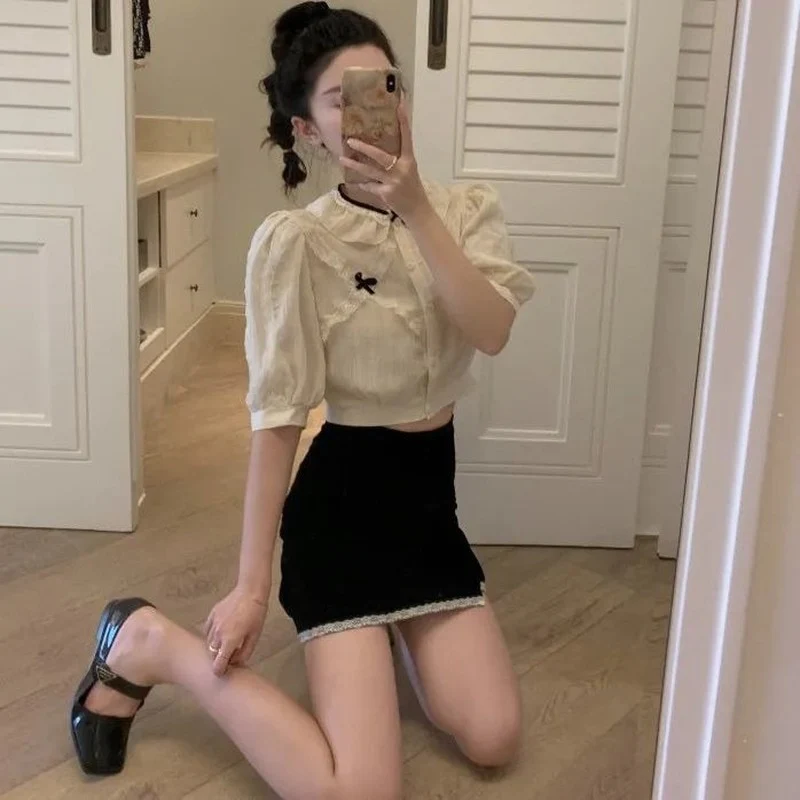 jpyuyuco-Button-Down Blouse With Puff Sleeves And Ribbons