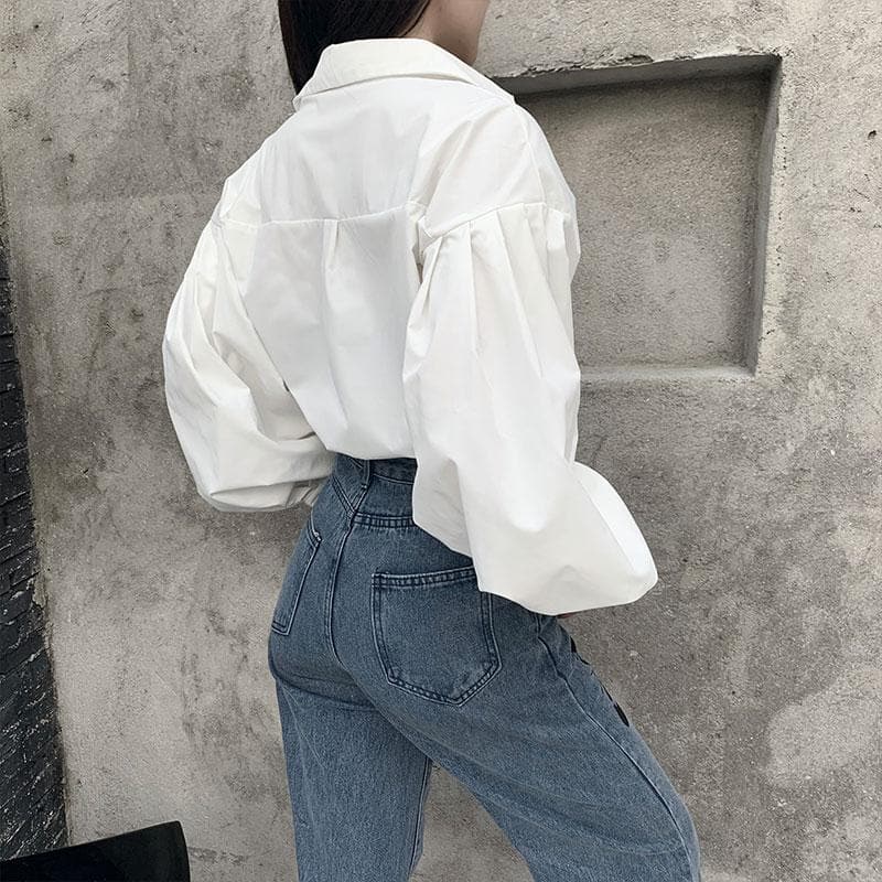 jpyuyuco-Button-Down Blouse With Puff Sleeves