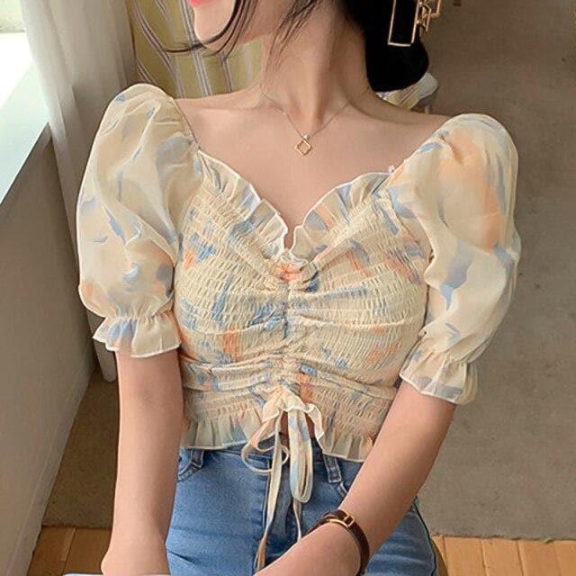 jpyuyuco-Crop Chiffon Blouse With Puff Sleeves