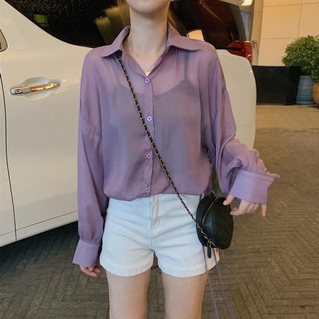 jpyuyuco-Button-Down Blouse With Side Hem Split