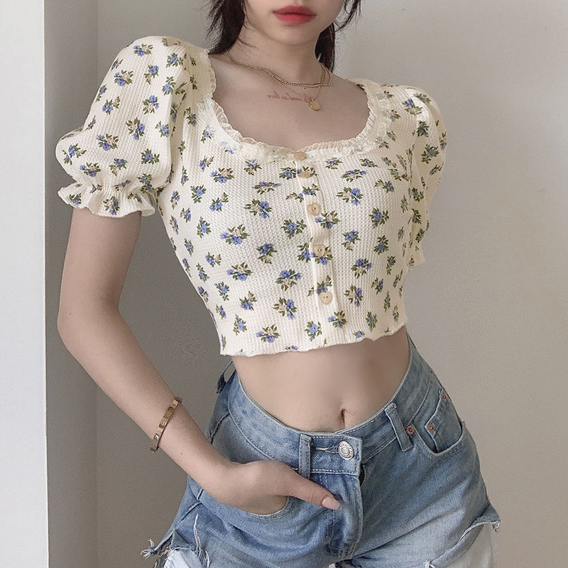 2024 Spring American Retro Floral Waffle Cropped T-Shirt