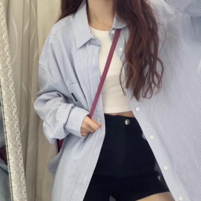 jpyuyuco--Thin blue striped shirt women autumn 2025 new casual shirt