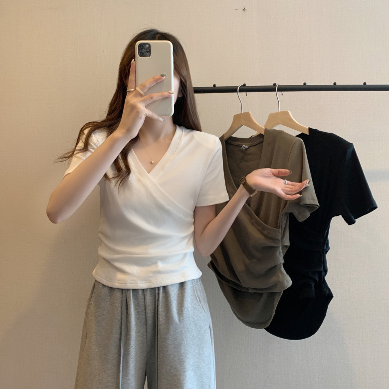jpyuyuco-2025 Spring V-neck short-sleeved T-shirt for women new design