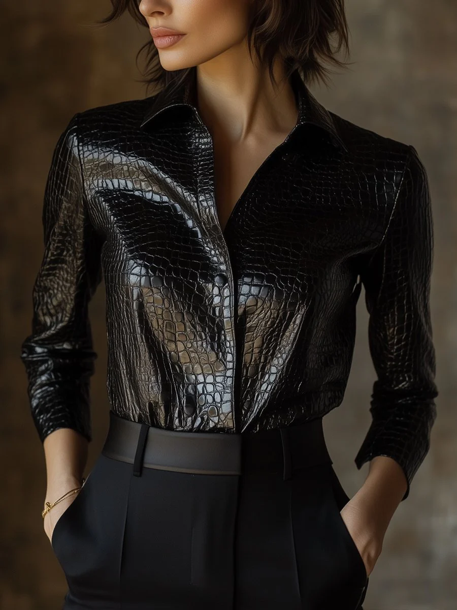 Glossy Black Crocodile Embossed Shirt