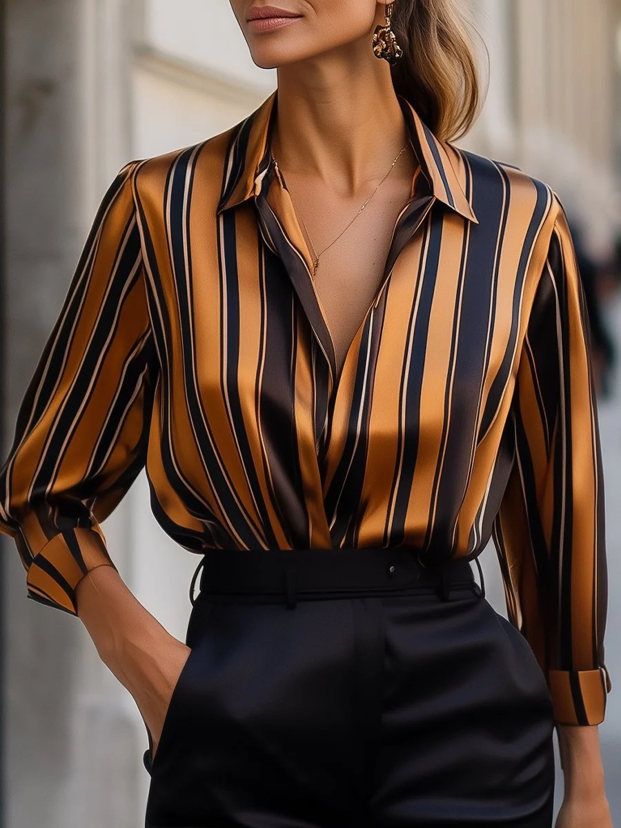 Orange Striped Satin Blouse
