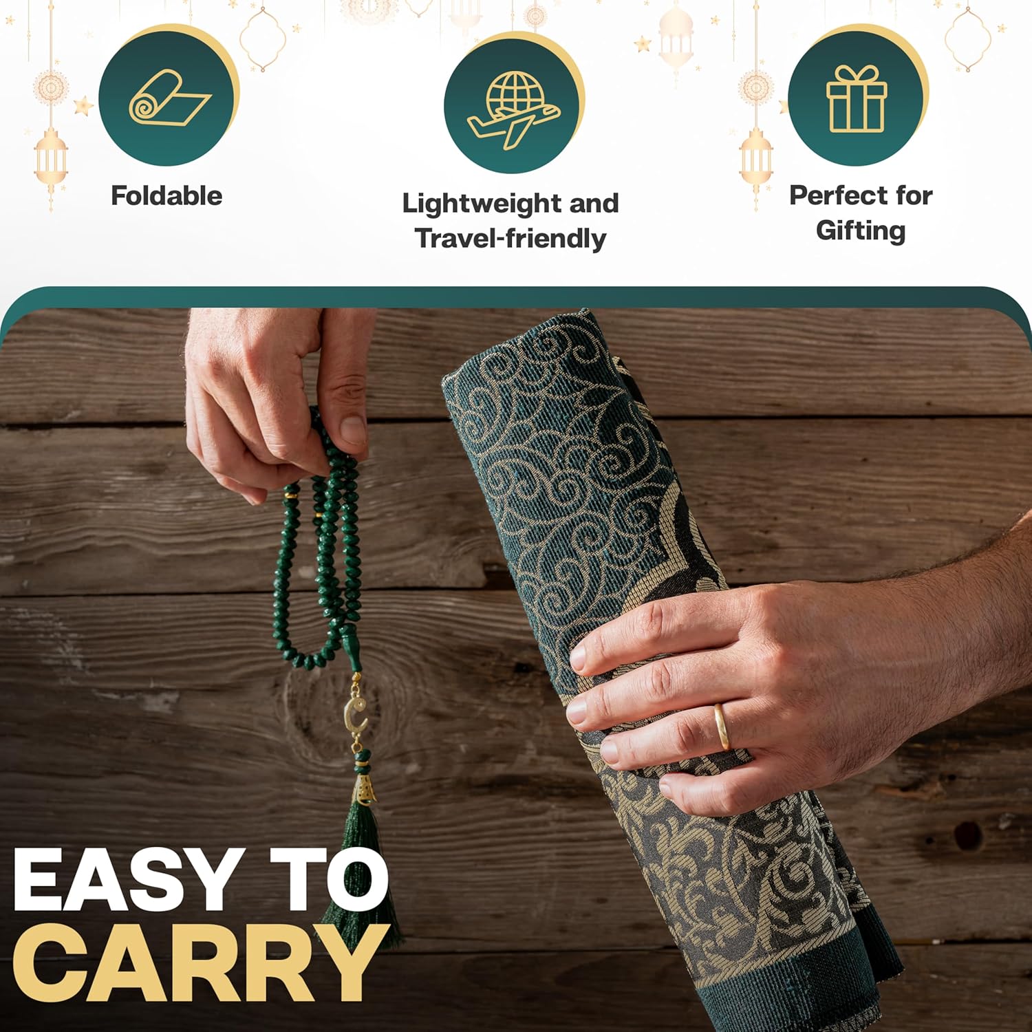 سجادة صلاة إسلامية مع سبحات صلاة إسلامية - سجادة صلاة للسفر - سجادة صلاة محمولة للإسلام، سجادة صلاة إسلامية للرجال والنساء، سجادة صلاة هدية للمسلمين، لون أخضر