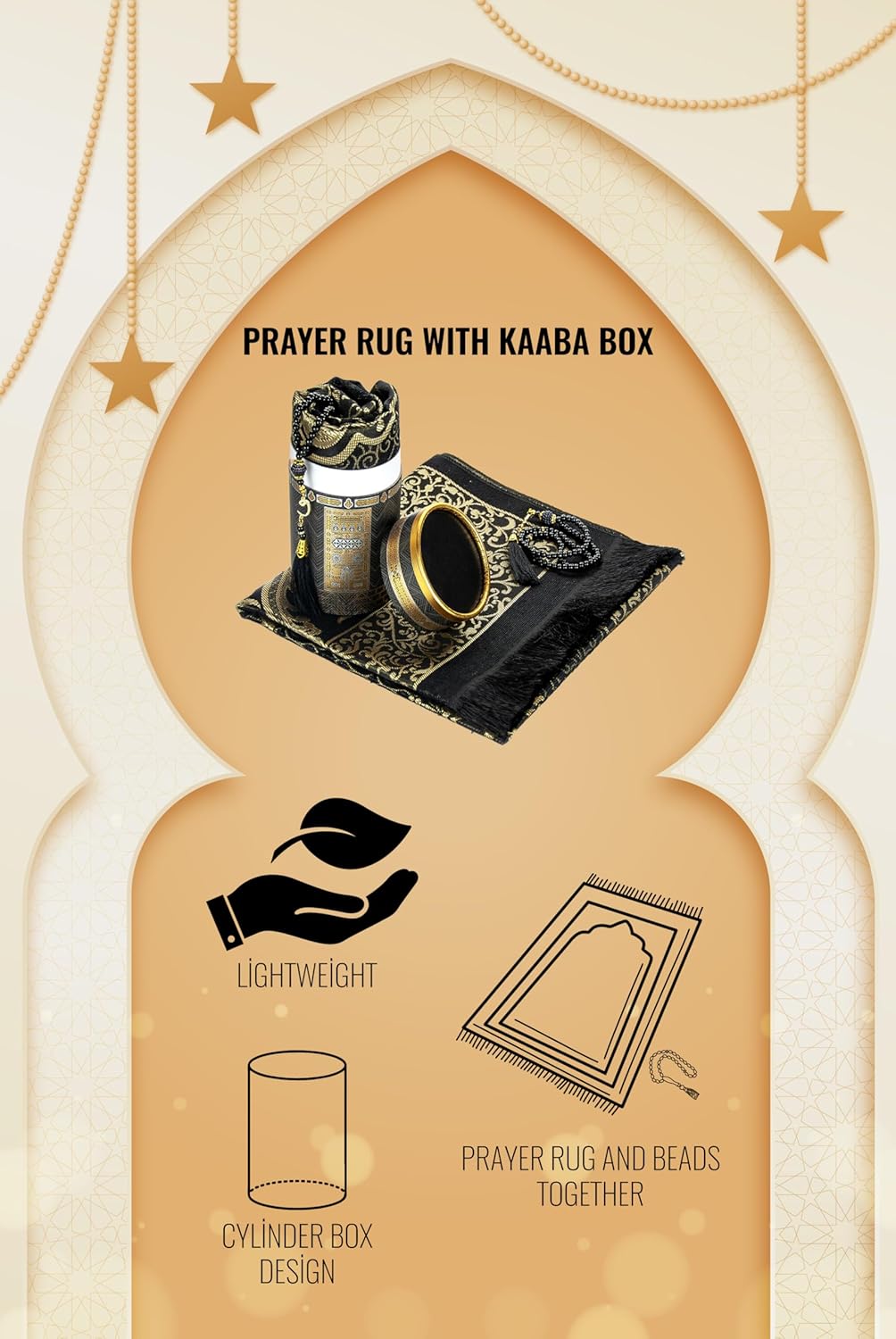 سجادات صلاة إسلامية ومسابح صلاة في صندوق هدايا أسطواني بتصميم أنيق，طقم هدايا إسلامي ناعم، سجادة، قماش التفتا، أسود