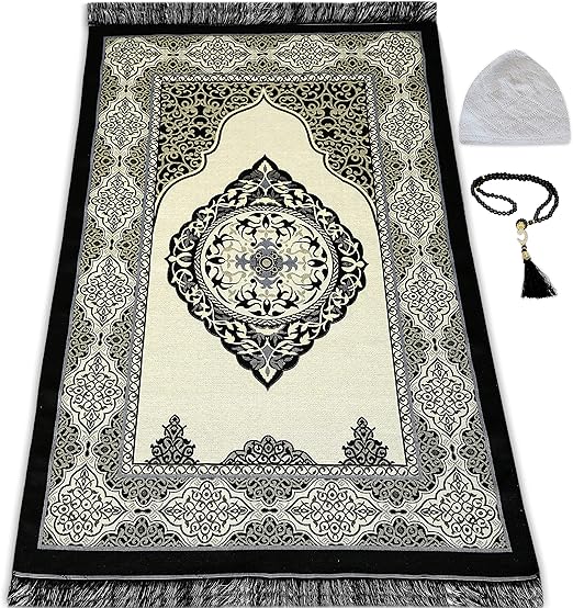 سجادة صلاة إسلامية-99 خرزة وقبعة ، سجادة صلاة إسلامية للرجال والنساء والأطفال (سوداء)