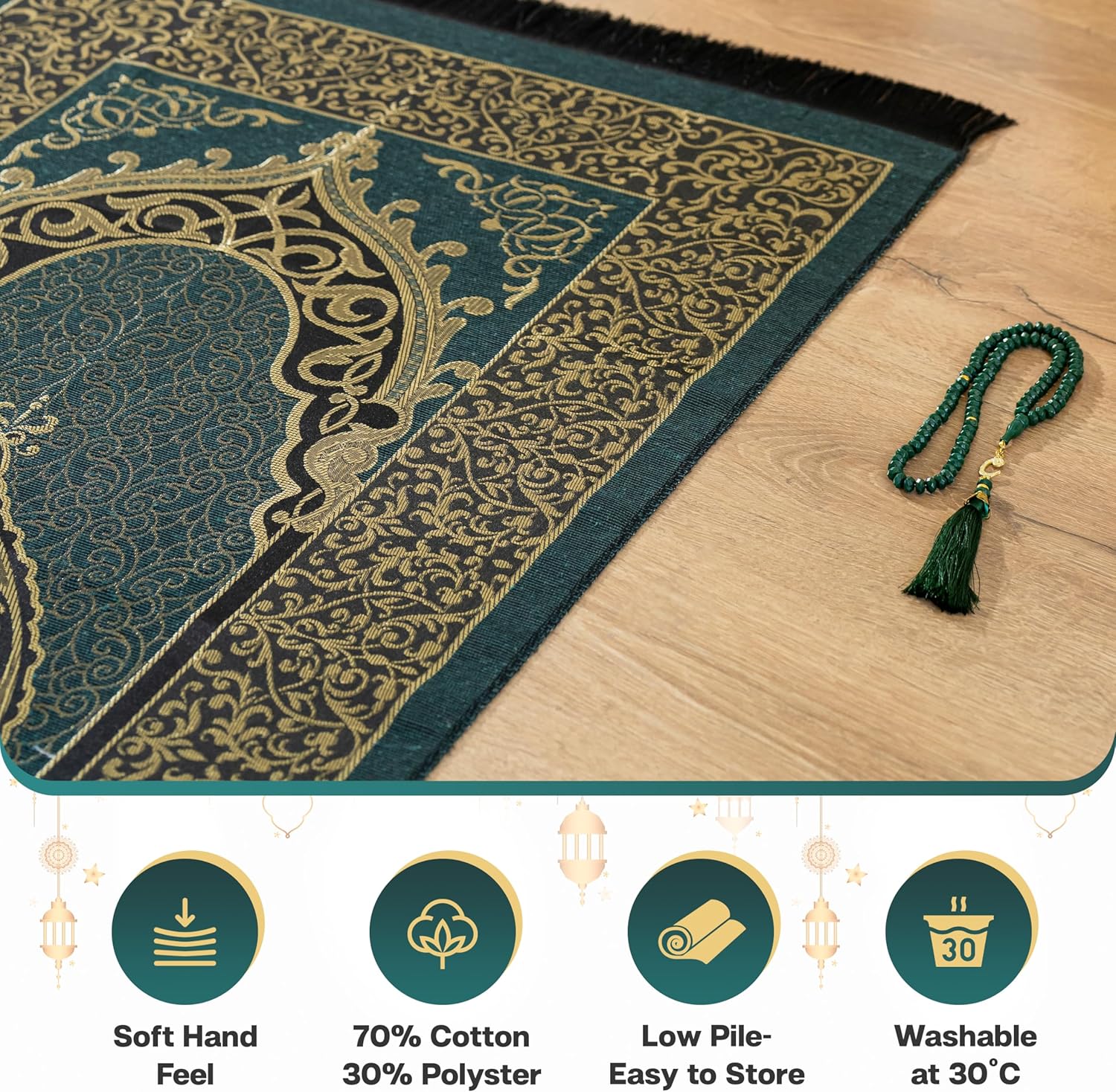 سجادة صلاة إسلامية مع سبحات صلاة إسلامية - سجادة صلاة للسفر - سجادة صلاة محمولة للإسلام، سجادة صلاة إسلامية للرجال والنساء، سجادة صلاة هدية للمسلمين، لون أخضر