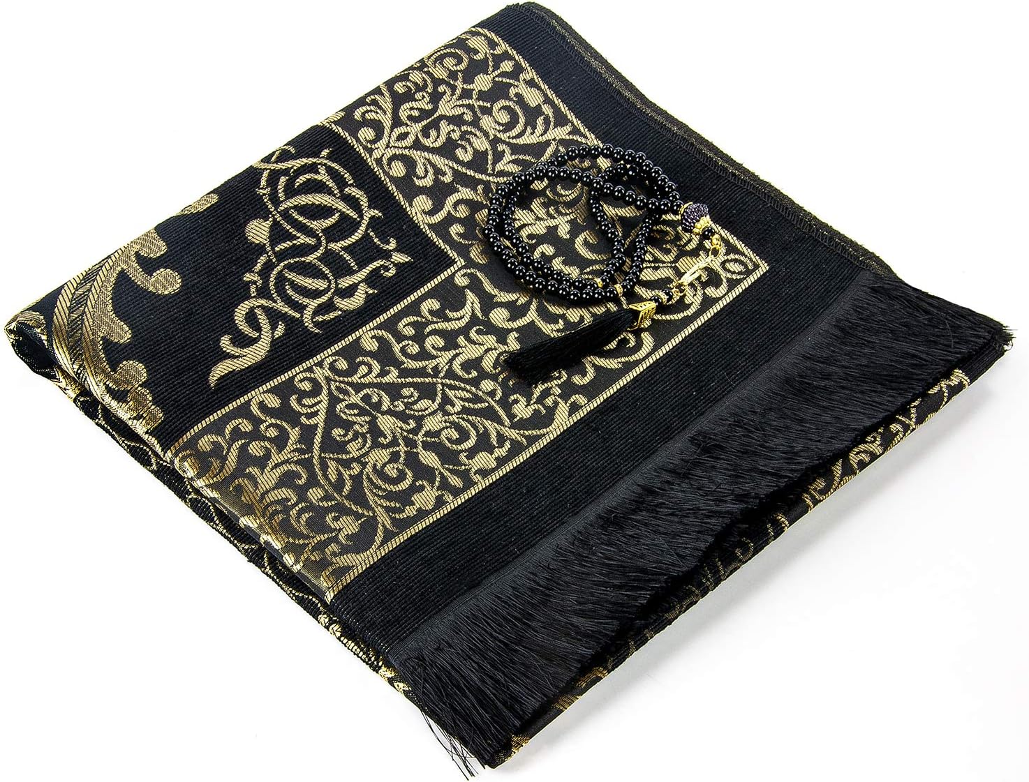 سجادات صلاة إسلامية ومسابح صلاة في صندوق هدايا أسطواني بتصميم أنيق，طقم هدايا إسلامي ناعم، سجادة، قماش التفتا، أسود