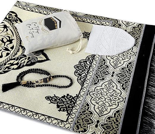 سجادة صلاة إسلامية-99 خرزة وقبعة ، سجادة صلاة إسلامية للرجال والنساء والأطفال (سوداء)