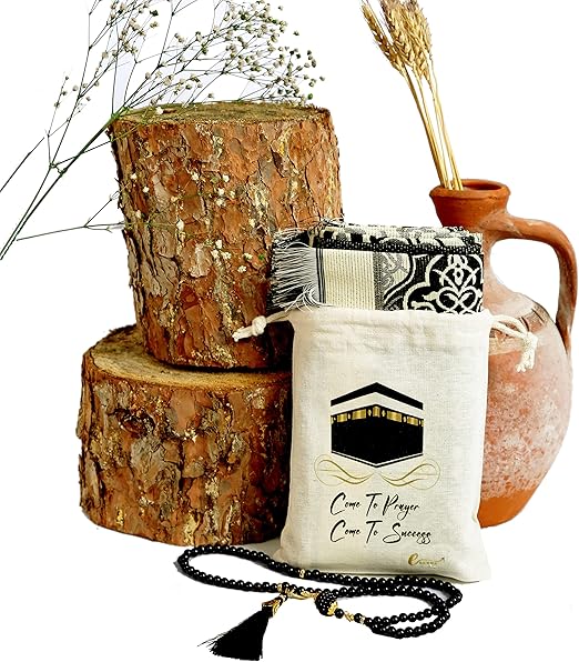 سجادة صلاة إسلامية-99 خرزة وقبعة ، سجادة صلاة إسلامية للرجال والنساء والأطفال (سوداء)