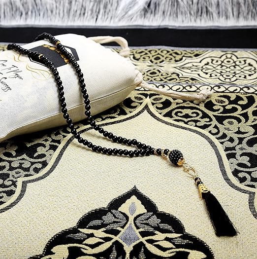 سجادة صلاة إسلامية-99 خرزة وقبعة ، سجادة صلاة إسلامية للرجال والنساء والأطفال (سوداء)