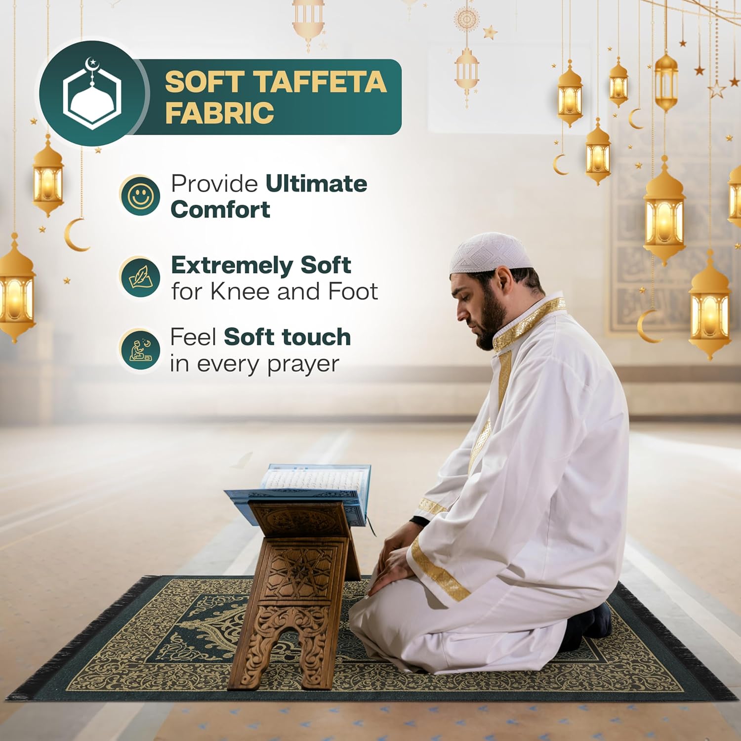 سجادة صلاة إسلامية مع سبحات صلاة إسلامية - سجادة صلاة للسفر - سجادة صلاة محمولة للإسلام، سجادة صلاة إسلامية للرجال والنساء، سجادة صلاة هدية للمسلمين، لون أخضر