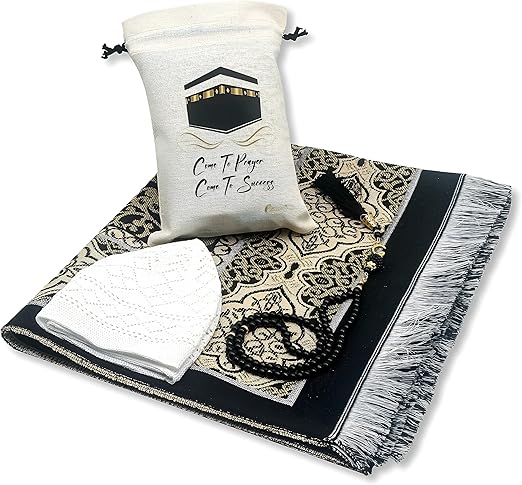 سجادة صلاة إسلامية-99 خرزة وقبعة ، سجادة صلاة إسلامية للرجال والنساء والأطفال (سوداء)