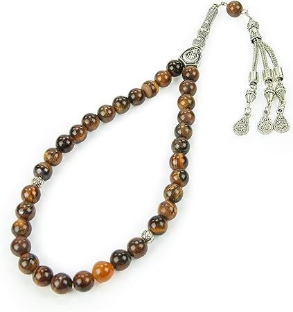 مسبحة إسلامية (8 مم – 33 حبة)، مسبحة إسلامية من الحجر الطبيعي، هدية رمضان، مسبحة إسلامية من عين النمر، لون بني.